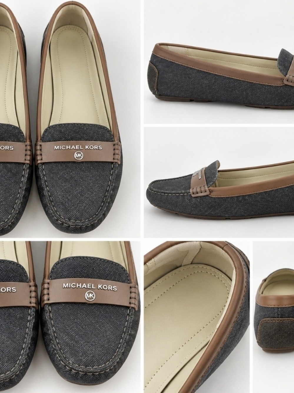 Michael Kors Charcoal Denim and Brown Leather Penny Loafers